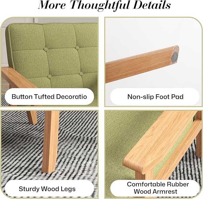 KCC Mid-Century Modern Linen Fabric Accent Chair Upholstered Tufted Leisure Chair Comfy Reading Side Chair with Armrest and Solid Wood Frame for Living Room Bedroom Balcony(Green)