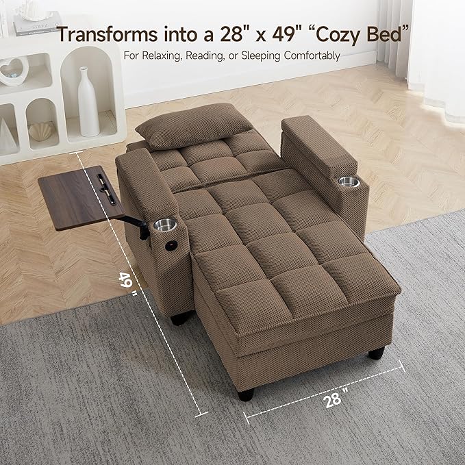 Single Modern Comfy Upholstered Chaise Lounge Sofa Chair with Rotating Side TableStoragePillowUSB Charging Ports and Adjustable Backrest Perfect for Living Room Small Spaces (Coffee)