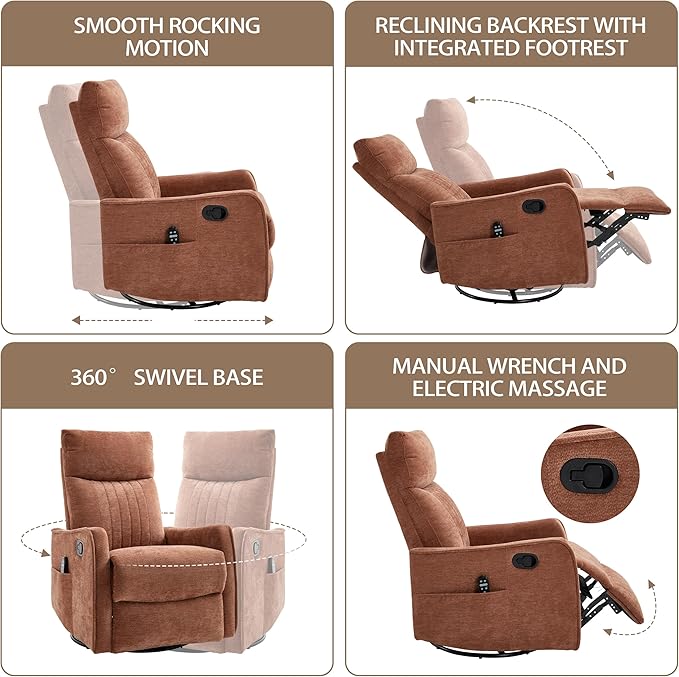 PELUMY 360 Swivel Rocking Recliner Chair for Adults Nursery Rocking Chair with Heat and Massage Glider Reclining Chair for Small Space Living Room Bedroom (Chenille Orange)