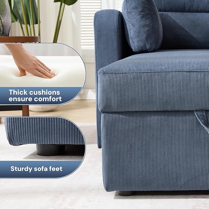 Tbfit 92.5'' 3 in 1 Sleeper Sofa Couch with Storage Chaise Corduroy Sofa Bed with Pull Out Bed Convertible Sleeper Sofas for Living Room Small Spaces Blue
