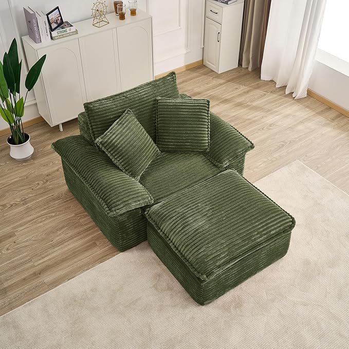 Oversized Armchair with Ottoman Corduroy Reading Chair for Bedroom &amp Living Room Modern Floor Sofa Chair Comfy Lazy Lounge Chair No Assembly Required Green