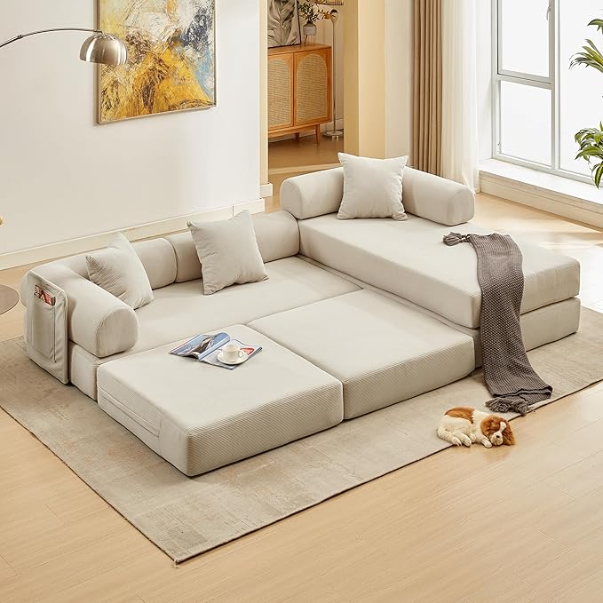 L Shaped Modular Sofa Bed with Cylindrical Pillow &amp Reversible Chaise Corduroy Folding Floor Convertible Sofa Couch Bed with Fixed-Shape Frame &amp Storage Pocket for Living Room Beige
