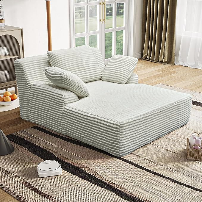 65.3'' Oversized Lounge Chaise Couch with Square Armrest Boneless Chaise Lounge with Cushions Corduroy Single Sofa Chair with 2 Pillows No Assembly for Living Room Apartment White