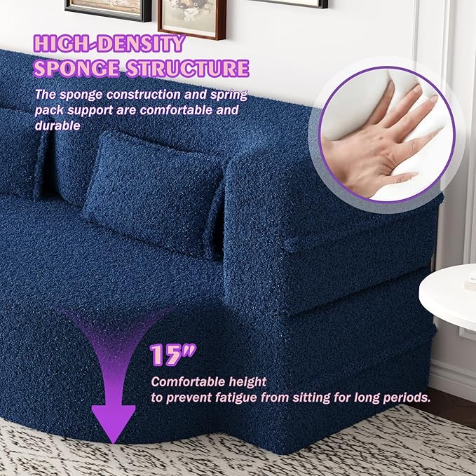78 Teddy Folding Floor Sofa Couch BedConvertible Folding Sofa Bed Full Size Love Seat Sleeper Bed with 2 Pillows for Living Room Apartment Office (Blue)