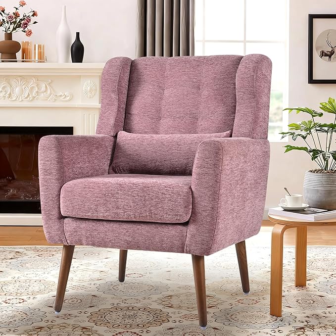 Modern Accent Chair Upholstered Armchair with Pillow Fabric Single Sofa Chair with Lounge Seat Solid Wood Legs Accent Chair for Living Room Bedroom Small Spaces (Purple)