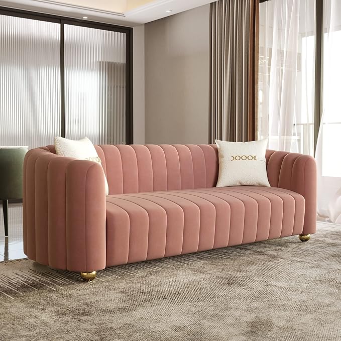 83'' Velvet Sofa for Living Room Modern Comfy Couch 3-Seater Apartment Sofa with 2 Pillows &amp Golden Metal Legs