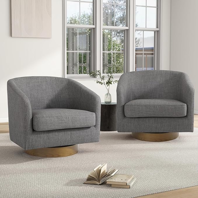 Swivel Barrel Chair Modern Round PU Leather Accent Armchair for Living Room Bedroom Oversized Comfy Club Reading Chairs for Adults (Fabric Grey Set of 1)