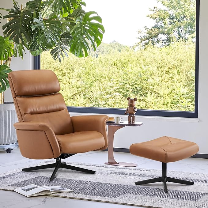 CHITA Genuine Leather Self-Weight Reclining Swivel Chair with Adjustable Headrest and Ottoman for Living Room Office Saddle