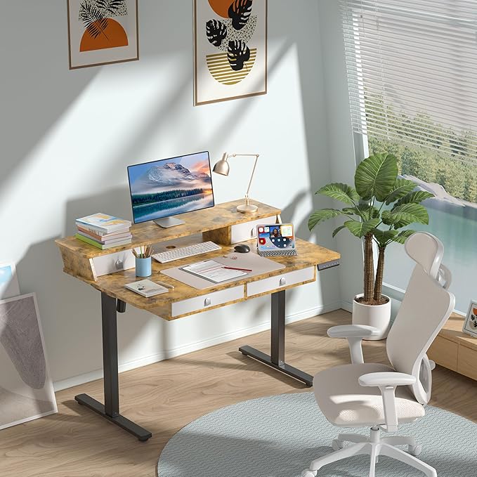 MSZ Sit &amp Standing Desk Adjustable Height Electric Sit Stand Up Down Computer Table 48x24 Inch Ergonomic Rising Modern Lift Motorized Gaming Desktop Work Home Office (Brown-Double Bookcase)