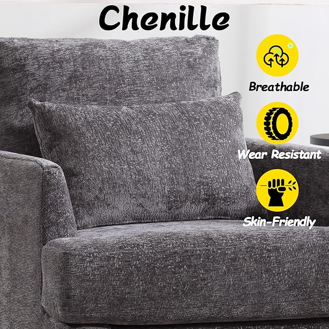 Oversized Accent Chair with Lumbar Pillow Upholstered Side Chairs for Living Room Bedroom Comfy Reading Chairs for Adults with Wide Seat Thick Cushion Soft Chenille (Grey)