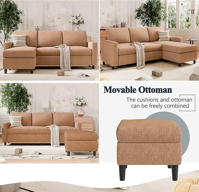 SUNLEI Sectional Sofa Couches for Living Room L Shaped Couch with Reversible Chaise Modern Linen Convertible Sectional Sofa for Small Space as Apartment Brown