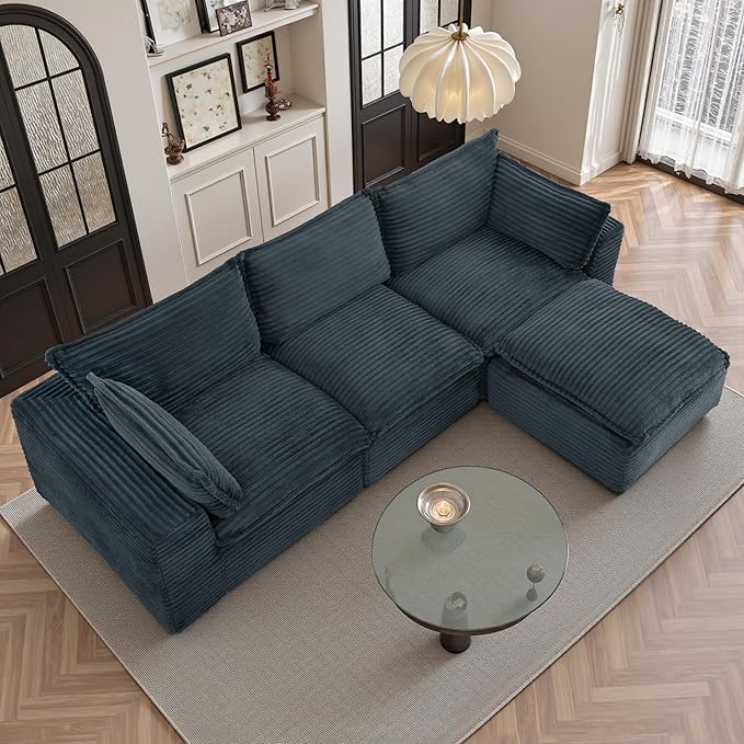 110 Sectional Couches for Living Room Boneless Couch Upholstered Cloud Couch Sectional Modular Sectional Sofa with L Shaped (Corduroy-Dark Grey 3 Seat+1 Ottoman)