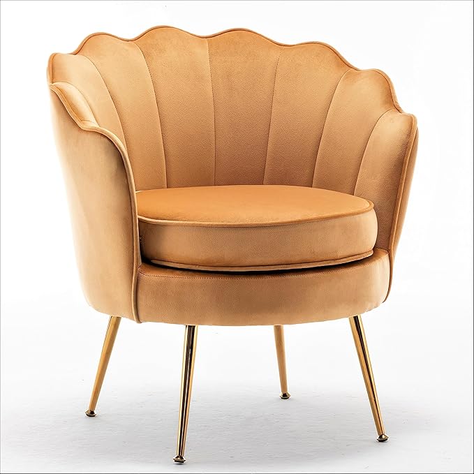 Velvet Barrel Accent Chair with Scalloped Silhouette and Gold Metal Legs Decorative Piece Suitable for Traditional Modern and Contemporary Spaces Mustard Yellow