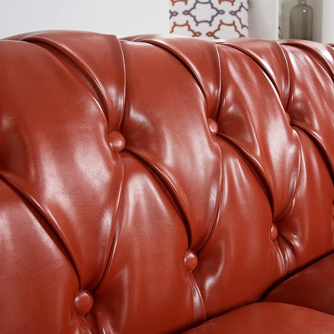 GDFStudio 85 Tufted Button Chesterfield Sofa with Deep Seat Cushions Rolled Arms &amp Accent Strip Midcentury Modern 3-Seater Upholstered Sofa Couch for Living Room Classic Furniture Orange + PU