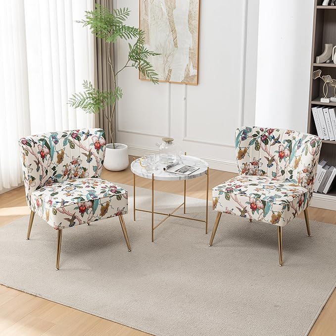 Armless Accent Chairs Set of 2 with Gold Metal Legs Modern Comfy Tufted Living Room Chair Velvet Upholstered Floral Side Chair Mid Century Slipper Chair for Bedroom Flower Print Beige