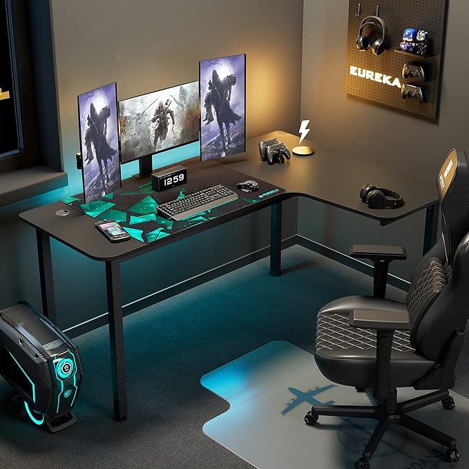 EUREKA ERGONOMIC 60 Inch Black Corner L Shaped Computer Desk Home Office Gaming Study Work Writing Table Long Large Sturdy Workstation Simple Modern with Metal Legs Right Side