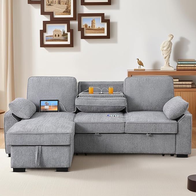 ERYE L-Shaped Pull Out Sleeper Couch Bed Modern Chenille Upholstered Button Tufted Corner Couch Reversible Sectional Sleeper Sofa Bed W/Storage Chaise Cup Holders