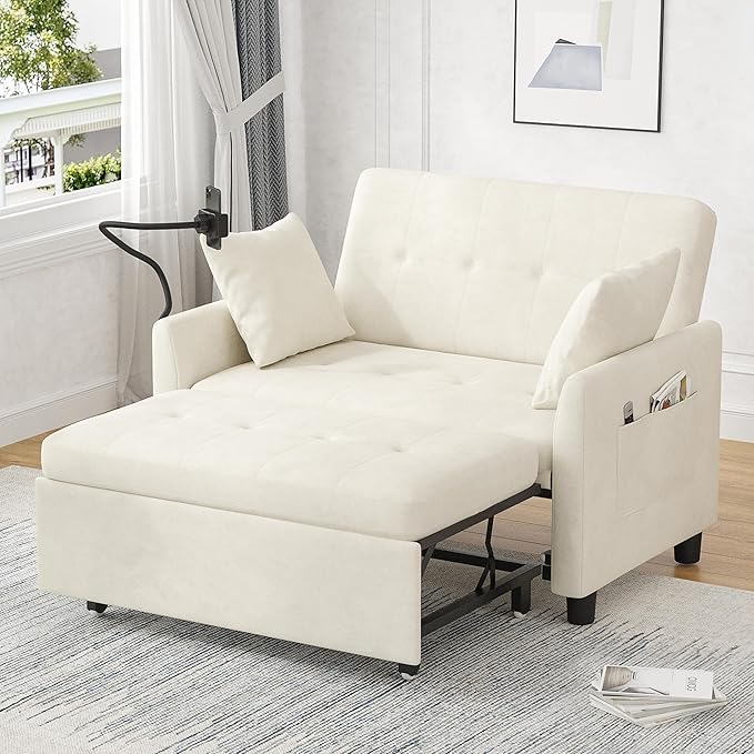 Modern 3-in-1 Convertible Sleeper Sofa Couch 46 Velvet Compact Loveseat with Built-in Phone Holder &amp Pillow Space Saving Pull Out Bed for Home Living Room Grey