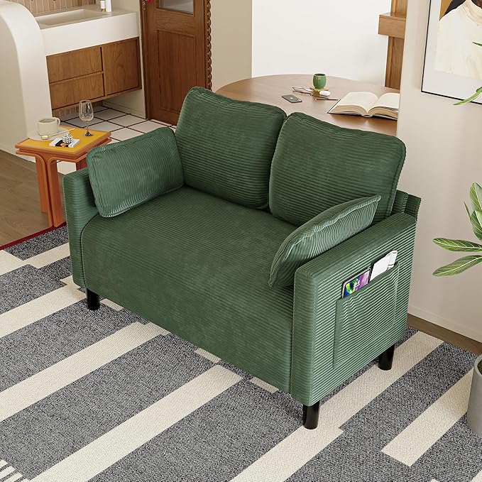 48 Loveseat Sofa Modern Corduroy Couch with 2 Pillows and Side Storage Pocket 2 Seater Small Sofa for Living Room Bedroom Apartment Office Green