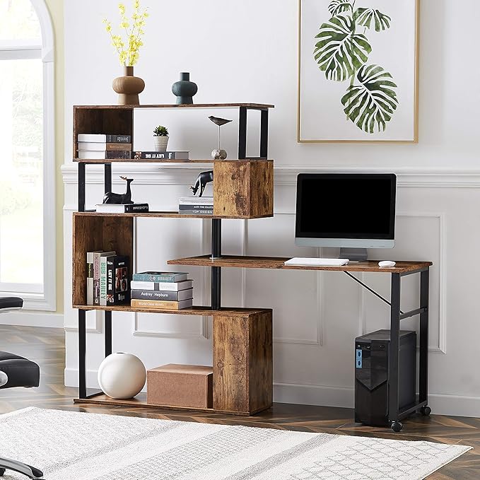 Home Office Computer Desk L Shaped Corner Table Rotating Computer Table with 5 Tier Bookshelf Four Installation Methods Lockable Casters (Tiger)