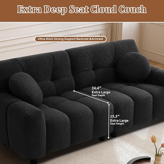 73 Boucle Cloud Sofa Couch with 2 Soft PillowsComfy Upholstered Teddy 2 Seater LoveSeat SofaModern Deep Seat Sherpa Cloud Couch Oversized Love Seat for Living Room Bedroom Apartment Black
