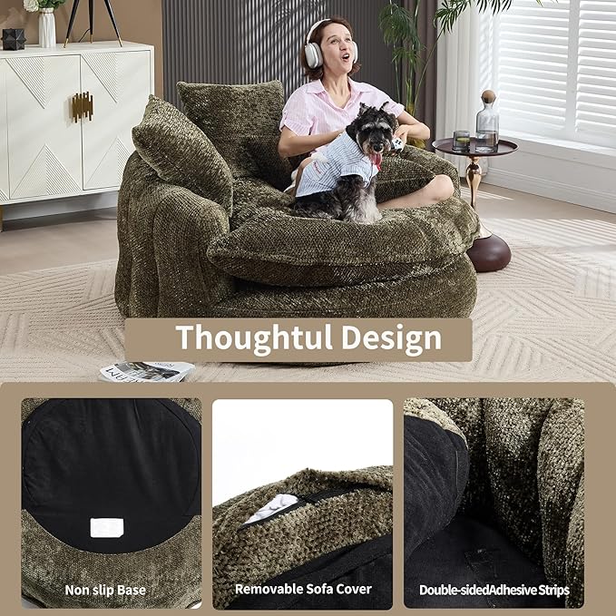 55 inch Oversized Round Chair Fluffy Chenille Boneless Sofa with Extra Deep Seat for Living Room Lounge (Olive Green)