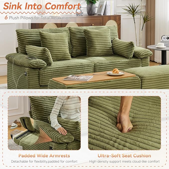 75 Corduroy Loveseat with Storage Ottoman &amp USB Cloud Deep Seat Couch with Convertible Ottoman Coffee Table Double Chaise Lounge for Living Room Green