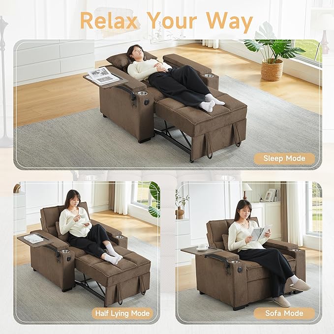 Large Size Convertible Sleeper Chair Futon Sofa Bed Comfortable Thick Cushion Single Sleeper Sofa Handheld Storage and Adjustable Backrest | Reading Chair with Rotating Small Table (Coffee)
