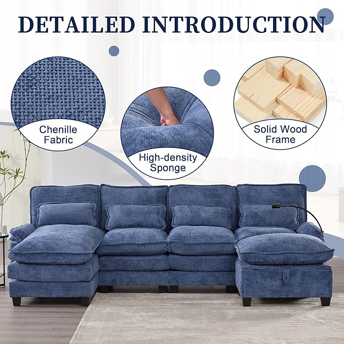 U Shape Sectional Sofa Cloud Couch 106.7 Modern Chenille Comfy Modular Couch with Storage Ottoman 4 Seat Upholstery Sofas with USB Port &amp Phone Holder for Living Room Navy Blue