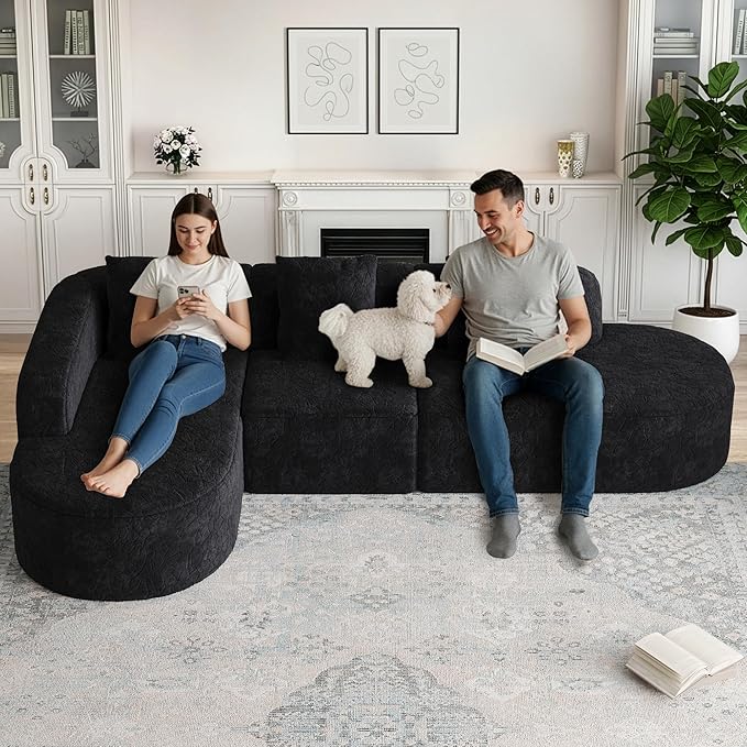 112 L Shaped Curved Sofa Modular Sectional Couch with Chaise Boneless Couch for Living Room Modern Comfy Long-Pile Polyester Fabric Cloud Sofa with Three Pillows No Assembly (Black 112 Left)