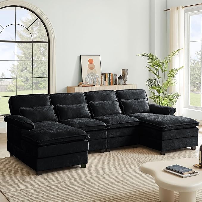 112 Modular Sectional Sofa U Shaped Comfy Cloud Couch with Double Chaise and Padded Armrests Modern Deep Seat Sectional Couches for Living Room Apartment Office Black