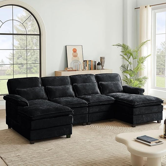112 Modular Sectional Sofa U Shaped Comfy Cloud Couch with Double Chaise and Padded Armrests Modern Deep Seat Sectional Couches for Living Room Apartment Office Black