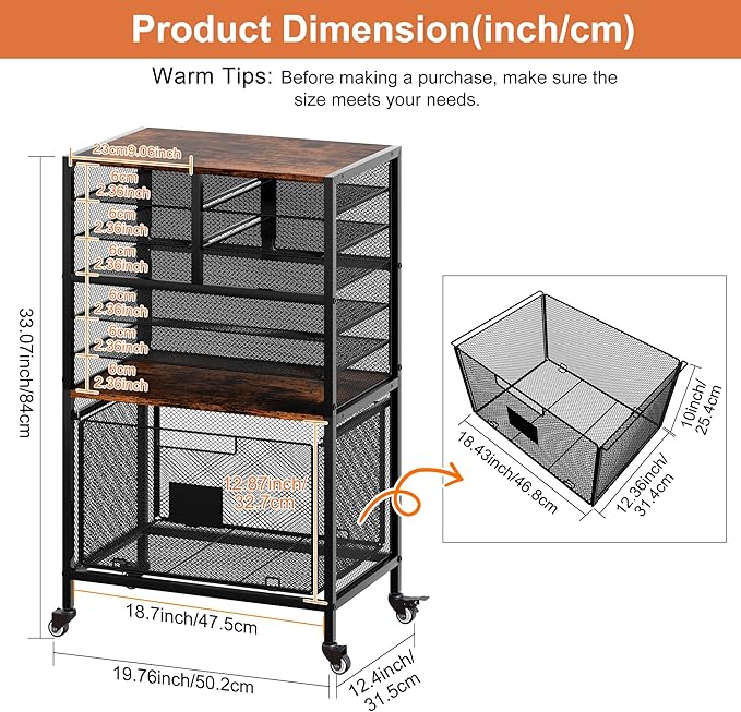 EasyPAG Rolling Cart with Storage Drawer Under Desk Filling Cabinet with Mail Sorter Pull Out Hanging File Rack for Letter Size Folders Mobile Utility Craft Cart for Home Office Black