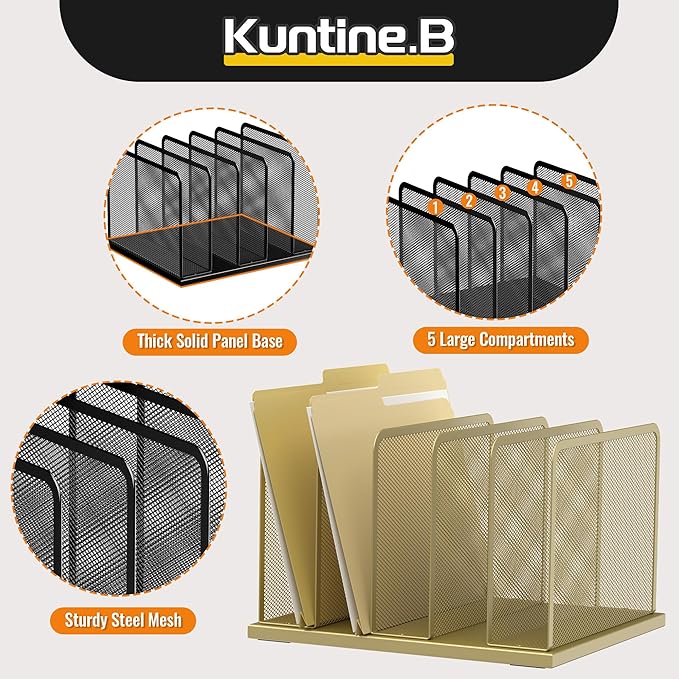 Kuntine.B Desk File Organizer Upright Mesh Desktop Organizer File Sorter Office Organization File Holder for Home Office &amp Classroom (Gold 1 Pack 5-Section)