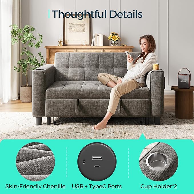 LINSY Sleeper Sofa Bed 54 Pull Out Couch with Charging Station &amp Cup Holder Small 3 in 1 Convertible Loveseat Sleeper Couch for Apartment Dorm Room Bedroom and Small Space Chenille Gray
