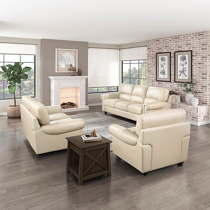 Lexicon Top Grain Leather Match Chair Accent Chairs for Living Room with Solid Wood Frame Rolled Armrest &amp Nailhead Trim Comfy Reading Chair for Bedroom Office Waiting Room Cream