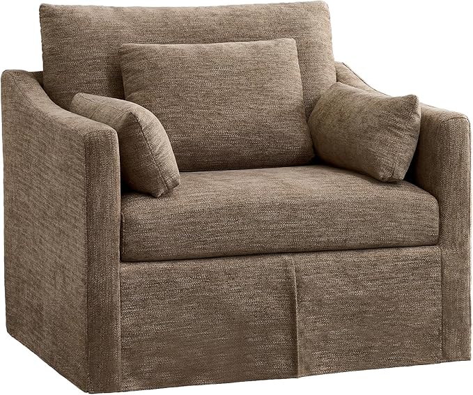 ONBRILL Accent Chair for Living Room Slipcovered Chair with 3 Throw Pillows Comfy Reading Chair Deep Seat Armchair w/Sloped Arms Modern Single Couch Sofa for Apartment Brown