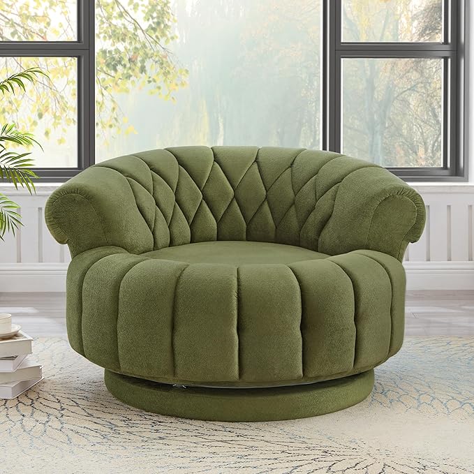 Merax 360 Swivel Accent Chair Sofa Modern Comfort Oversized Round Seat with Luxurious Chenille Fabric Channel Tufted Back Thick Cushion for Living Room Bedroom Green