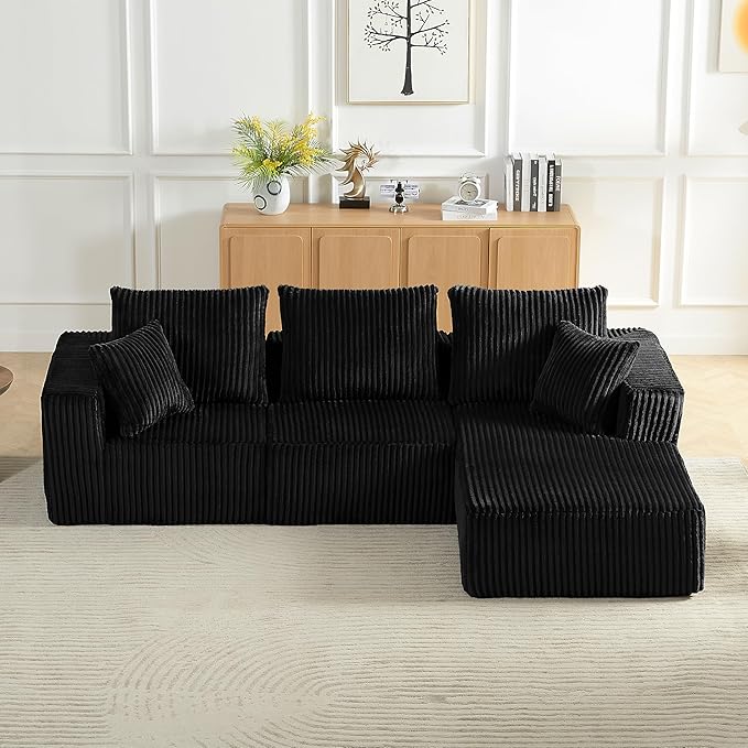 Cloud Sectional Couch with L-Shape Chaise Modern Modular Sofa with Deep Seat Upholstered Corduroy Cloud Sofas Boneless Couches for Living Room No Assembly Required (Black Right Facing Chaise)