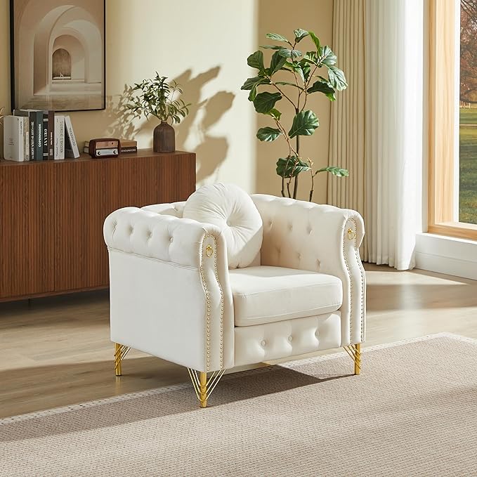 ERYE 37-Inch Chesterfield Button Tufted Single Sofa with Round Pillow Single Seat Velvet Tufted Sofa W/Nailhead DecorRing Accent &amp Golden Legs