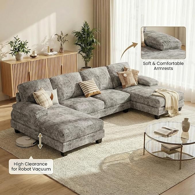 Homall Modular Sectional U Shaped Sofa Couches for Living Room Comfy Chenille 4 Seat Sofa Set with Removable Pillows Lounge Chaise Upholstered Couch for Apartment (Chenille Grey)