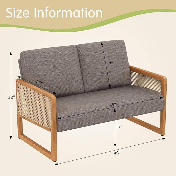 Modern Loveseat Bench Couch with Natural Rattan Arm Upholstered Linen Small Love Seat Sofa 2-Seats Living Room Couch Settee Comfy Lounge Recliner Chair-Taupe