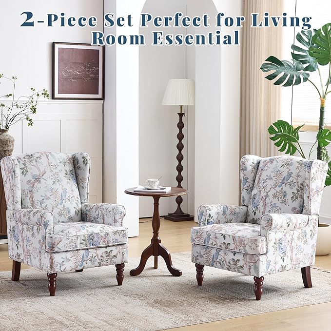EROMMY Floral Accent Chair Comfortable High Back Upholstered Armchair with Solid Wood Legs Leisure Single Sofa Chair for Living Room Bedroom Home Office Light Blue Floral&ampBird