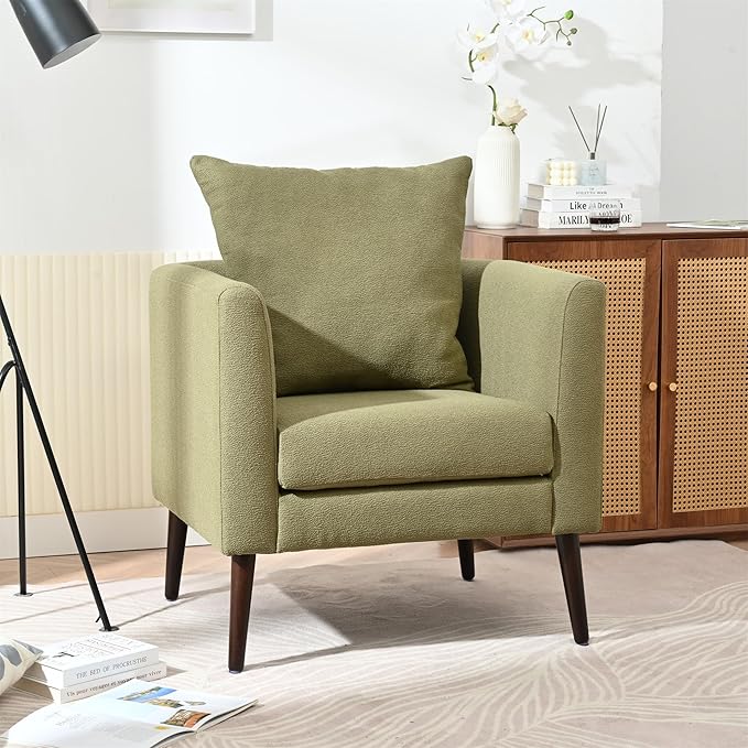Modern Upholstered Accent Chair Mid-Century Lounge Armchair with Pillow Comfy Reading Side Accent Chairs Single Sofa Chair with Wood Legs for Living Room Bedroom (Olive Green+Fleece)