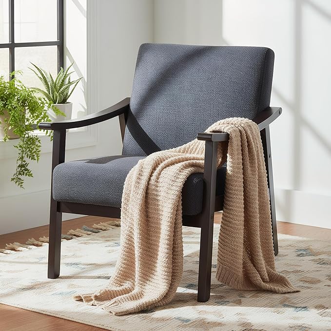 Mid Century Modern Accent Chair with Solid Wood Legs Comfy Leisure Reading Chairs for Living Room Lounge Seat Arm Chair for Office Bedroom (Antique Black)