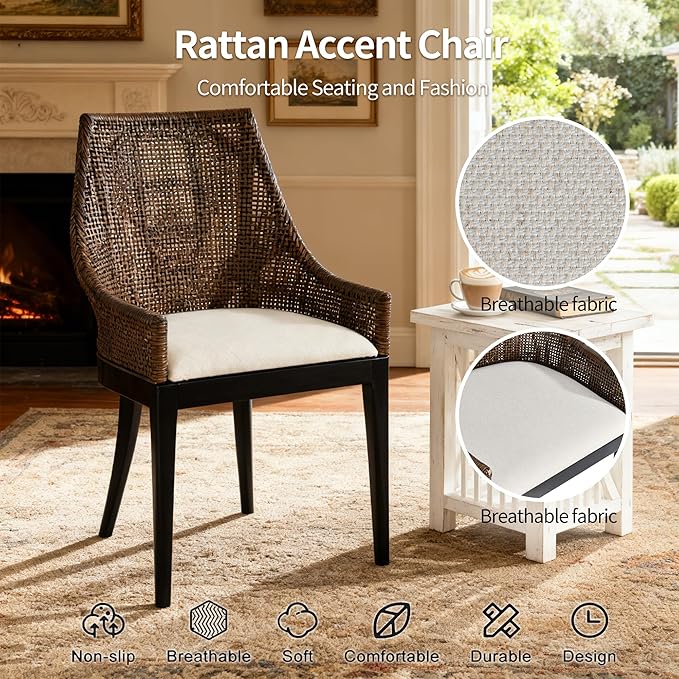 DUHOME 2 Sets Natural Cane Mesh Rattan Accent Chairs Tropical Coastal Woven Back Armchairs with Beige Fabric Cushion &amp Black Tapered Wood Legs Coastal Chairs for Living Room Bedroom