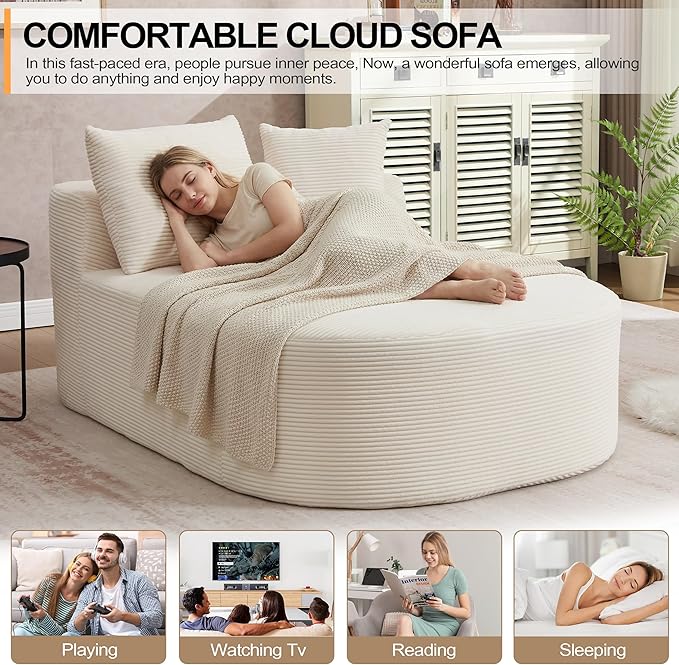 46 Chaise Lounge Chair Indoor Cloud Sleeper Sofa Bed with Pillows Corduroy Upholstered Sofa Couch for Living Room Apart No Assembly Required Beige