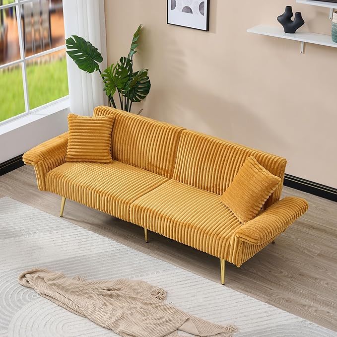Yellow 79 Convertible Futon Sofa Bed with Adjustable Backrest &amp Armrests Modern Corduroy Folding Loveseat Sleeper Couches with Two Soft Pillows for Living Room Apartment Office (Yellow)