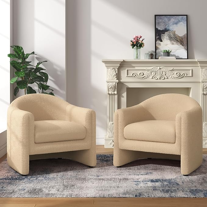 Accent Chair Modern Boucle Fabric Armchair for Living Room Comfy Upholstered Reading Single Sofa Chair for Bedroom (Boucle Camel Set of 2)
