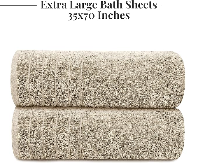 Tens Towels Pack of 2 Extra Large Bath Sheets 35 x 70 Inches 100% Cotton Larger &amp Lighter Weight Quicker to Dry Super Soft &amp Absorbent Oversized Bath Towels Beige